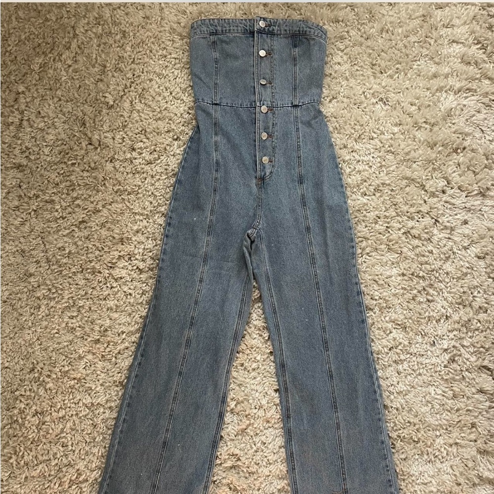Forever 21 Blue Flare Denim Strapless Jumpsuit